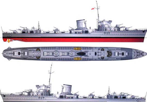 Destroyer ORP Blyskawica H34 1939 [Destroyer] - drawings, dimensions, pictures